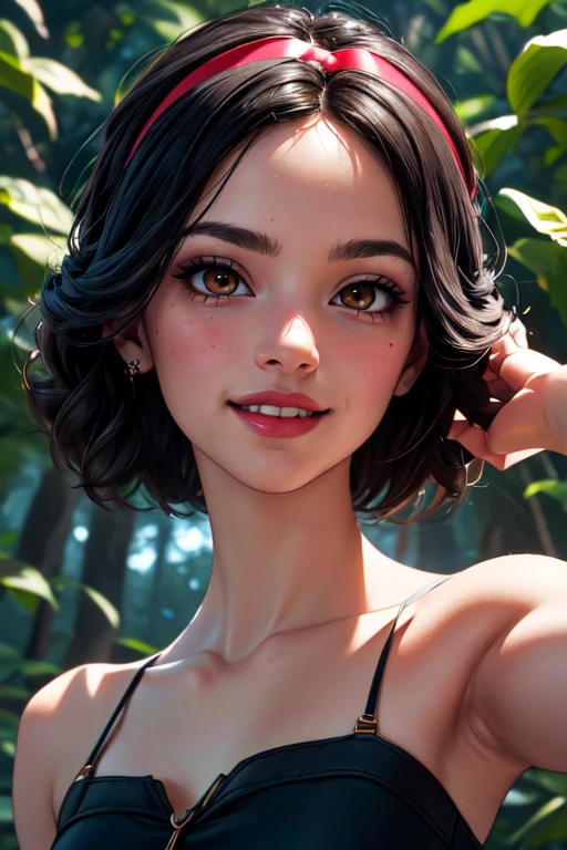 (masterpiece:1.2), (best quality), (ultra detailed), (8k, 4k, intricate),(full-body-shot:1.2),(cowboy:1.2),(highly detailed:1.2),(detailed face:1.2), (detailed background),(portrait),detailed landscape,(dynamic pose:1.2),<lora:more_details:0.5><lora:blancanieves:0.7> snowwhite 1girl, solo, looking at viewer, smile, short hair, shirt, black hair, bow, holding, brown eyes, upper body, hair bow, hairband, red bow, forest background