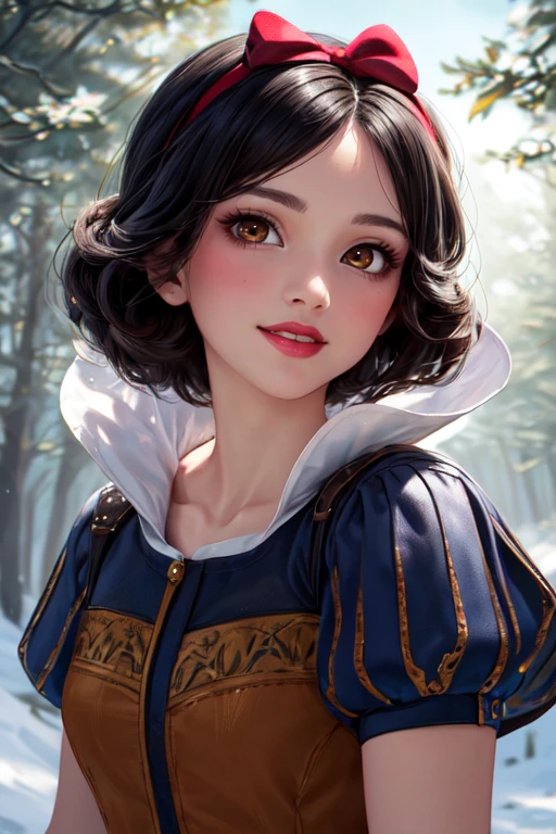 (masterpiece:1.2), (best quality), (ultra detailed), (8k, 4k, intricate),(full-body-shot:1.2),(cowboy:1.2),(highly detailed:1.2),(detailed face:1.2), (detailed background),(portrait),detailed landscape,(dynamic pose:1.2),<lora:more_details:0.5><lora:blancanieves:0.7> snowwhite 1girl,mediun breats, solo, looking at viewer, smile, short hair, shirt, black hair, bow, holding, brown eyes, upper body, hair bow, hairband, red bow, forest background