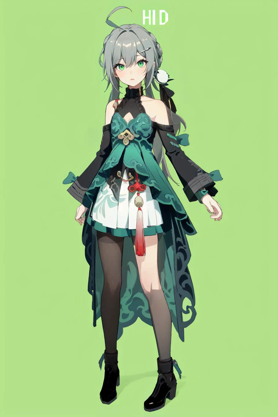 best, 8k, UHD, masterpiece, bright, high quality, flat color, 1girl, (green background:1.2), head lift, air bubble, Ultra-Wide Angle, text censor, solo, video game cover, zettai ryouiki, mosaic censoring, silhouette, ahoge, from below, (wall of text:1.2), number background,
(full body:1.2), looking at viewer,
<lora:qingque-v100:0.8>, qingque, chinese dress, 1girl, green eyes, bare shoulders, hair ornament, long hair, hairclip, grey hair, bare legs,
<lora:EnvyBetterHands LoCon_beta2 è¾
å©:0.55>, good hands, nice hands,
(beautiful_face), ((intricate_detail)), (revealing clothes:1.2), clear face,
((finely_detailed)), fine_fabric_emphasis,
((glossy)),