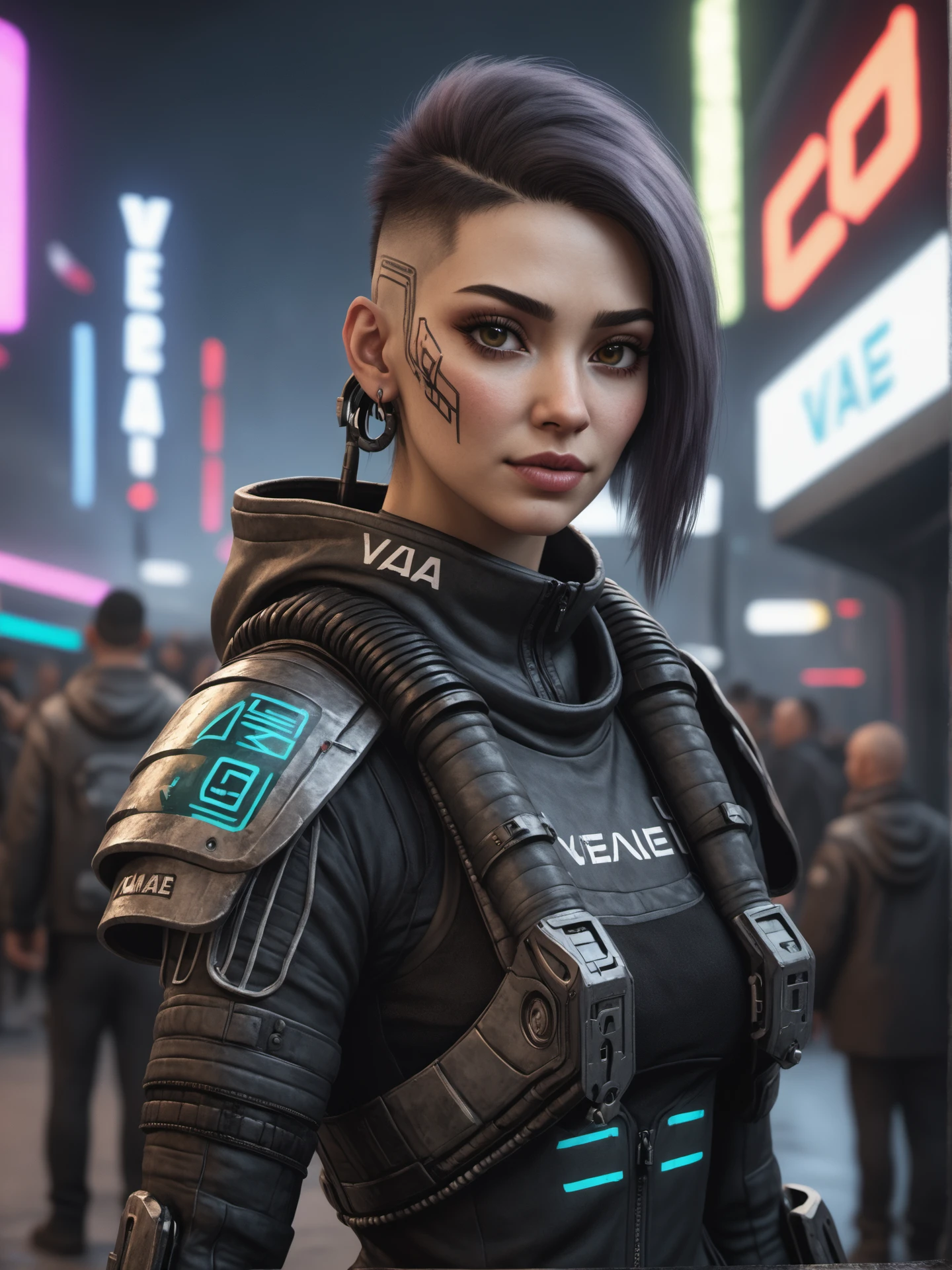 a cyberpunk woman  holding a "VAE" Flagg, detailed photo, detailed, realistic, 8k uhd, high quality
