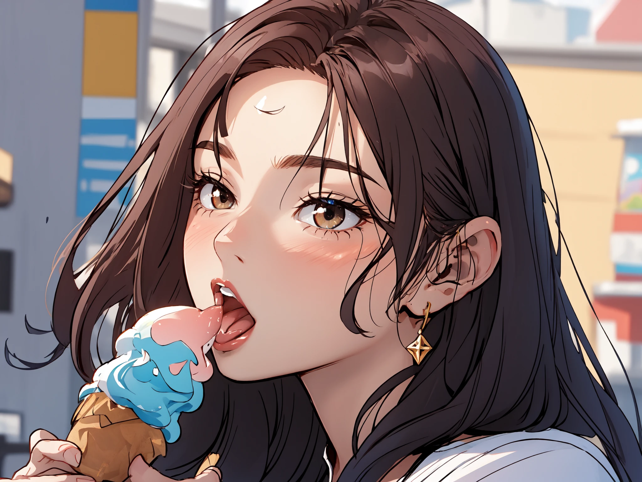 masterpiece, best quality, 1girl, solo, long hair, blush, open mouth, brown hair, brown eyes, food, tongue, tongue out, lips, eating, licking, ice cream, ice cream cone, soft serve