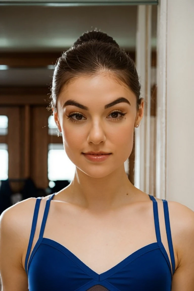beautiful woman wearing ballet clothing, in a ballet studio, intricate details, happy   <lora:SashaGrey-000005:1>