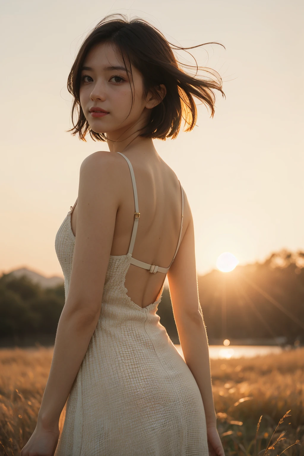on grass,sunset,golden hour lighting,backlighting,blurry background,(lens flare),wind,pastel colors,soft light,1girl,floating short hair,happy,from back,