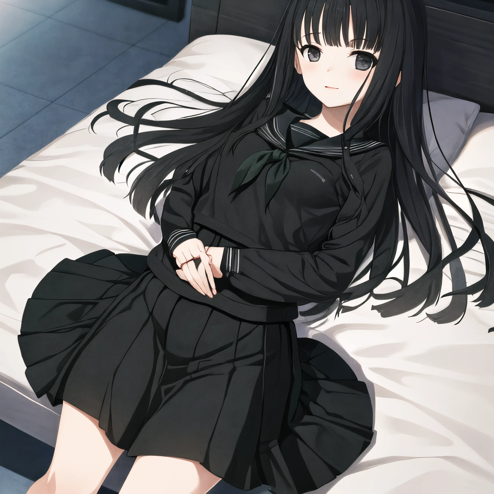 masterpiece, best quality, ultra-high-detailed, 1girl, Rinne byuakuya, long hair, black hair, black eyes, small breasts, black serafuku, green necktie, black skirt, pantyhose, expressionless, lying on bed
