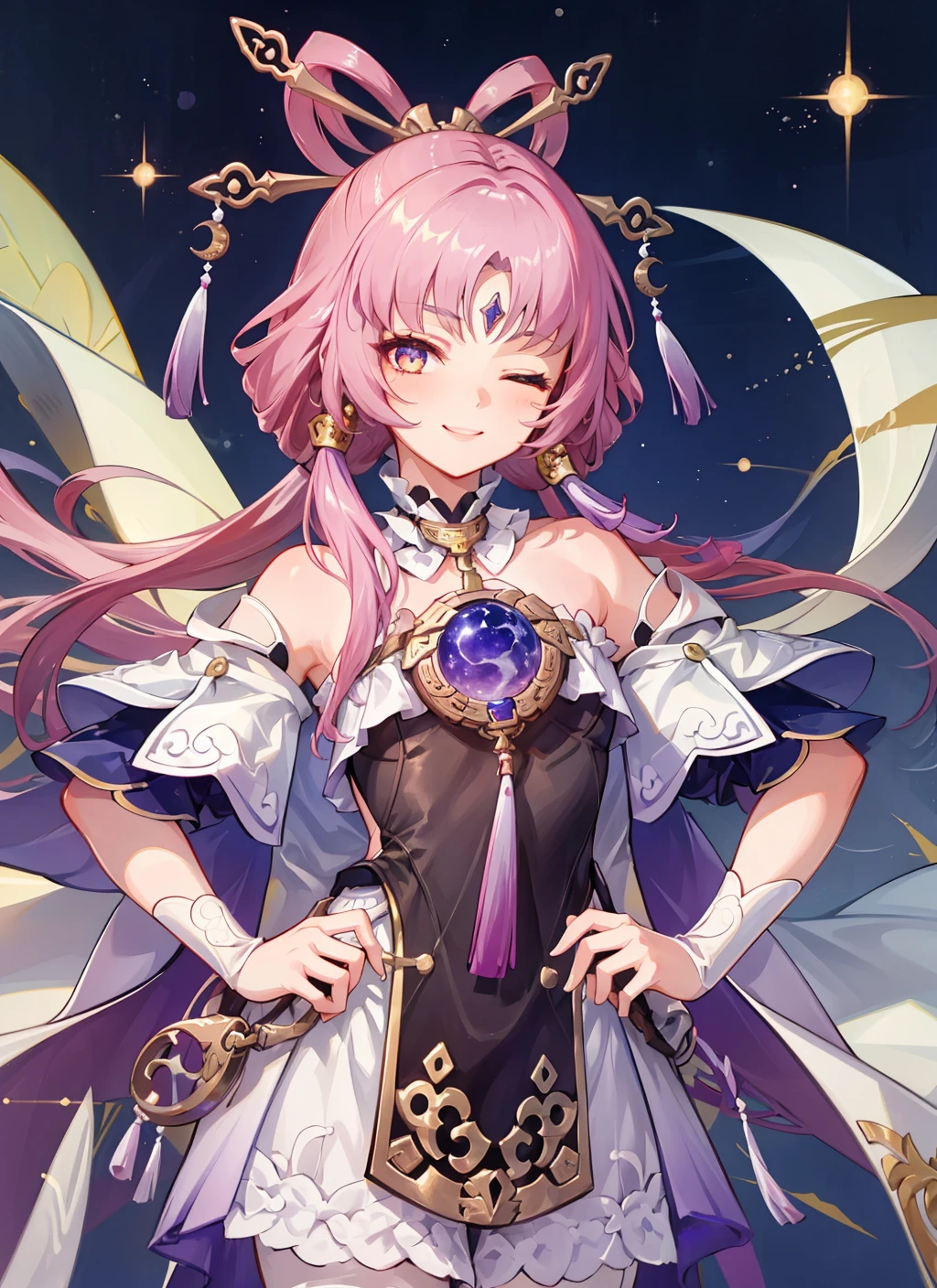 ((masterpiece,best quality)), highres, 1girl, fuxuan, one eye closed, star, smile,
