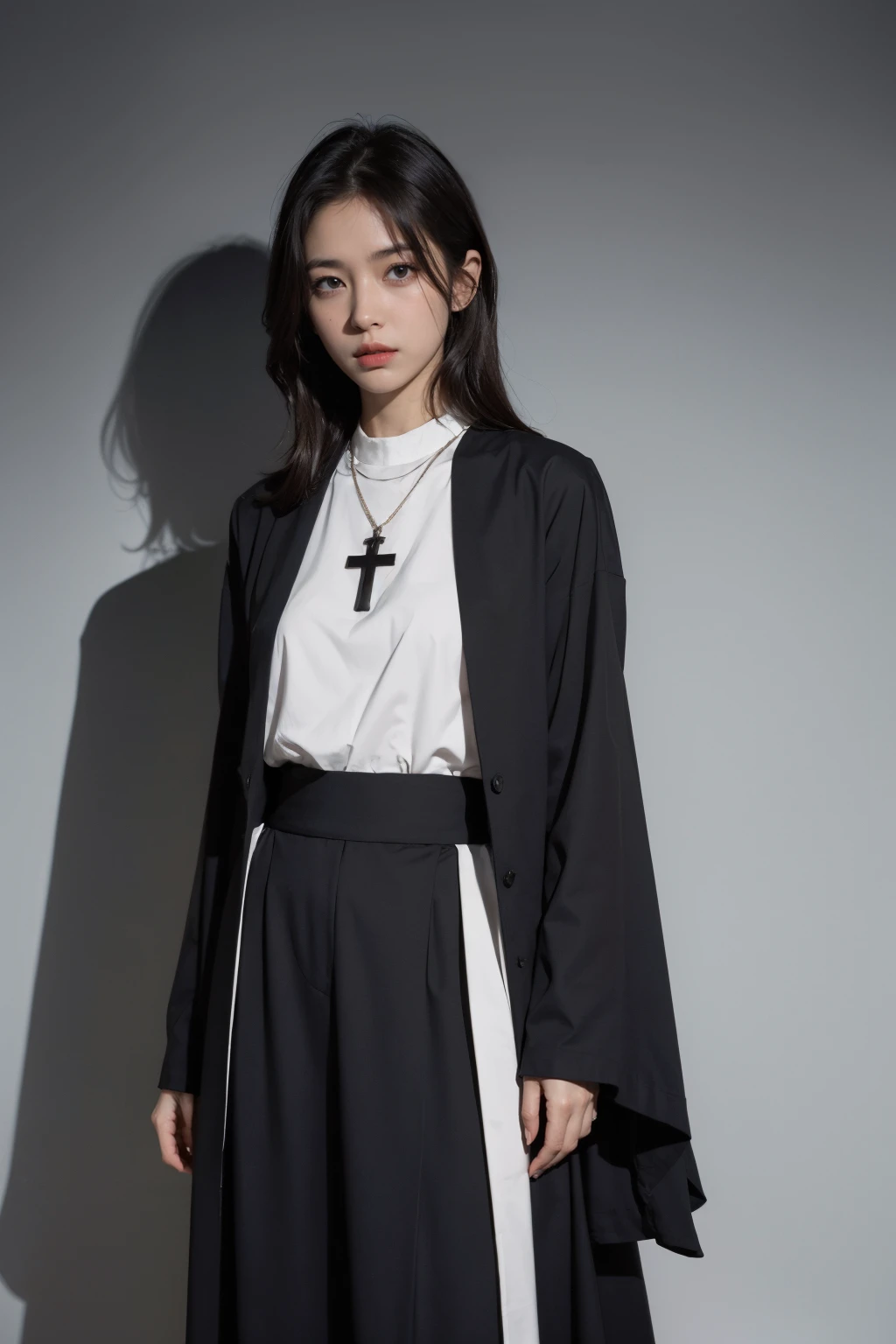 1girl,dramatic shadows,black and white,comic,cross necklace,Cassock,