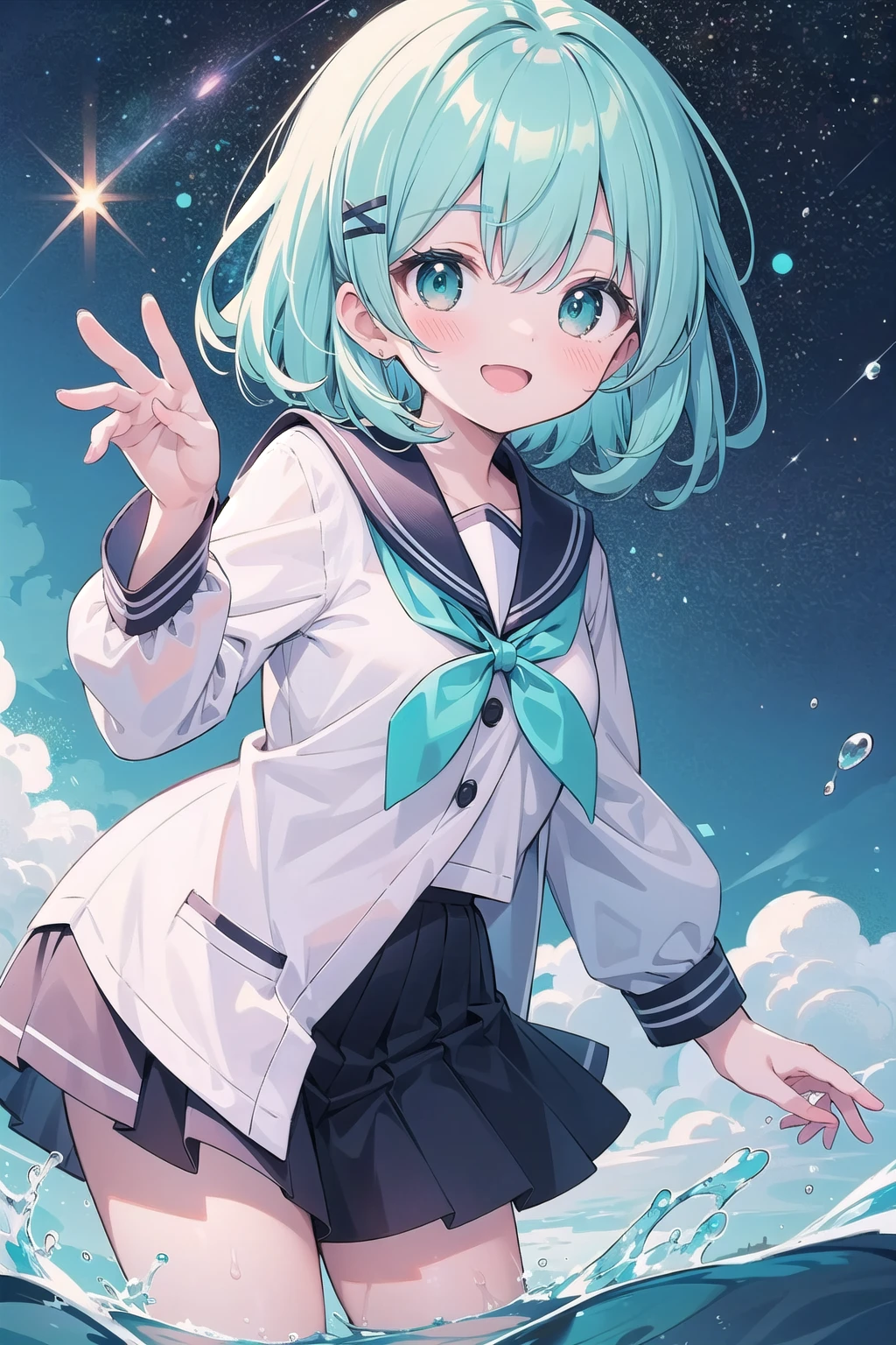 (masterpiece), (outline, aqua theme, pastel colors:1.2), best quality, cosmic, starry sky, 1girl, sailor uniform, blush, open mouth, smile, medium hair, translucent hair, hair, colored tips, hair ribbon, sidelocks, water, wading