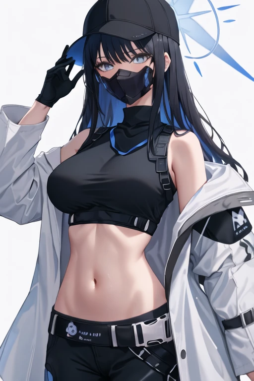 best quality, masterpiece, highres, solo, {saori_bluearchive:1.15}, long_hair, bangs, blue_eyes, black_hair, halo, hat, breasts, baseball_cap, sleeveless, blue_hair, black_headwear, navel, stomach, large_breasts, 1girl, bare_shoulders, black_shirt, crop_top, jacket, looking_at_viewer, mask, midriff, mouth_mask, off_shoulder, open_clothes, shirt, sleeveless_shirt, black_mask, black_pants, coat, simple_background, white_background, pants, upper_body, white_coat, white_jacket