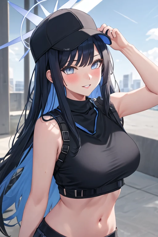 best quality, masterpiece, highres, solo, {saori_bluearchive:1.15}, long_hair, bangs, blue_eyes, black_hair, halo, hat, breasts, baseball_cap, sleeveless, blue_hair, black_headwear, navel, stomach, large_breasts, 1girl, bare_shoulders, black_shirt, looking_at_viewer, shirt, sleeveless_shirt, upper_body, parted_lips, smile, blush