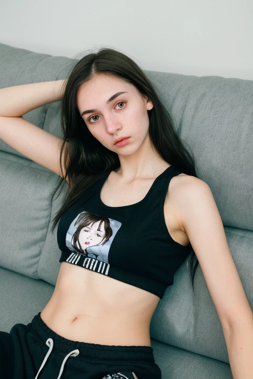 RAW photo of a 20 y.o woman, average looking person, dark hair, alternative style, e-girl, grunge, ((wearing sweatpants and a tanktop)), sleepy eyes, (pale skin), (detailed face), thin body, large breasts, ((half body)), ((lying on the couch)), resting, (high detailed skin:1.2), 8k uhd, dslr, soft lighting, high quality, film grain, Fujifilm XT3