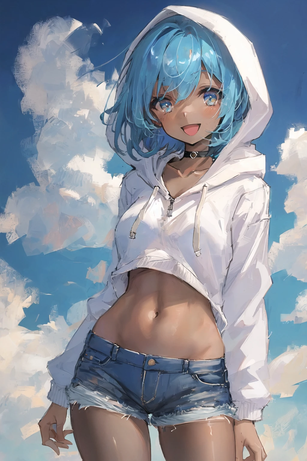 art by Cornflower, dreamy,
(1girl, animal_hood, bangs, black_choker, blue_eyes, blue_hair, choker, collarbone, cowboy_shot, dark-skinned_female, dark_skin, denim, denim_shorts, drawstring, hood, hood_down, hood_up, hoodie, long_sleeves, looking_at_viewer, midriff, navel, open_mouth, pantyhose, short_hair, short_shorts, shorts, smile, solo, white_hoodie) <hypernet:Cornflower_Mirage:1>