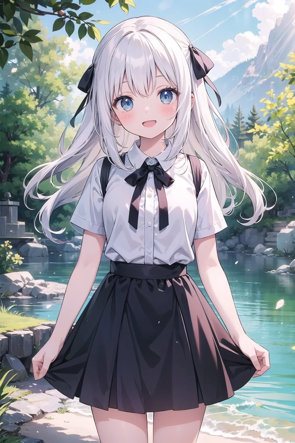 (masterpiece), best quality, nature, sunlight, dappled sunlight, light particles, lake, 1girl, blush, open mouth, smile, white hair, long hair, hair ribbon, cowboy shot
