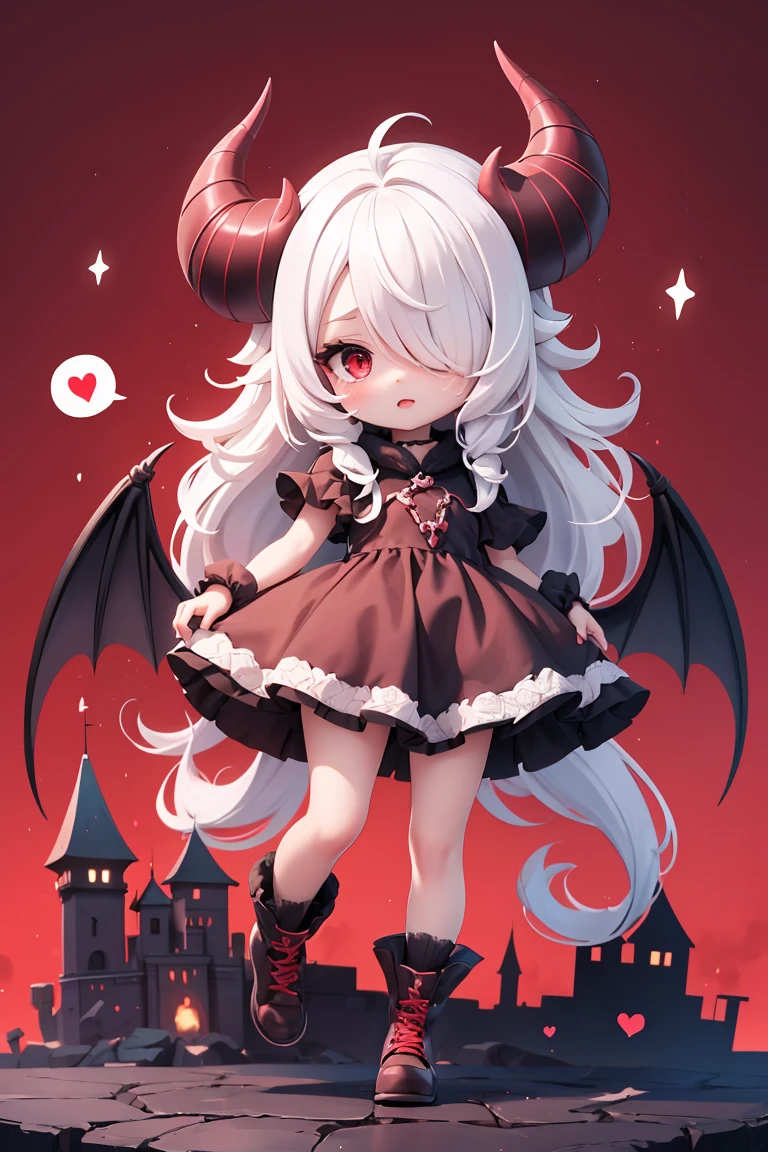 cowboy shot,masterpiece, best quality, absurdres, (Evil Castle background:1.2), colorful, 1girl, chibi,solo, red eyes, white hair, long hair, hair over one eye, detailed eyes, wide-eyed, eyelashes, looking at viewer, full body, demon horns , bat wings, dress, hand up, demon tail, particles, cute,spoken heart, (red theme:1),<lora:GoodHands-vanilla:1>,