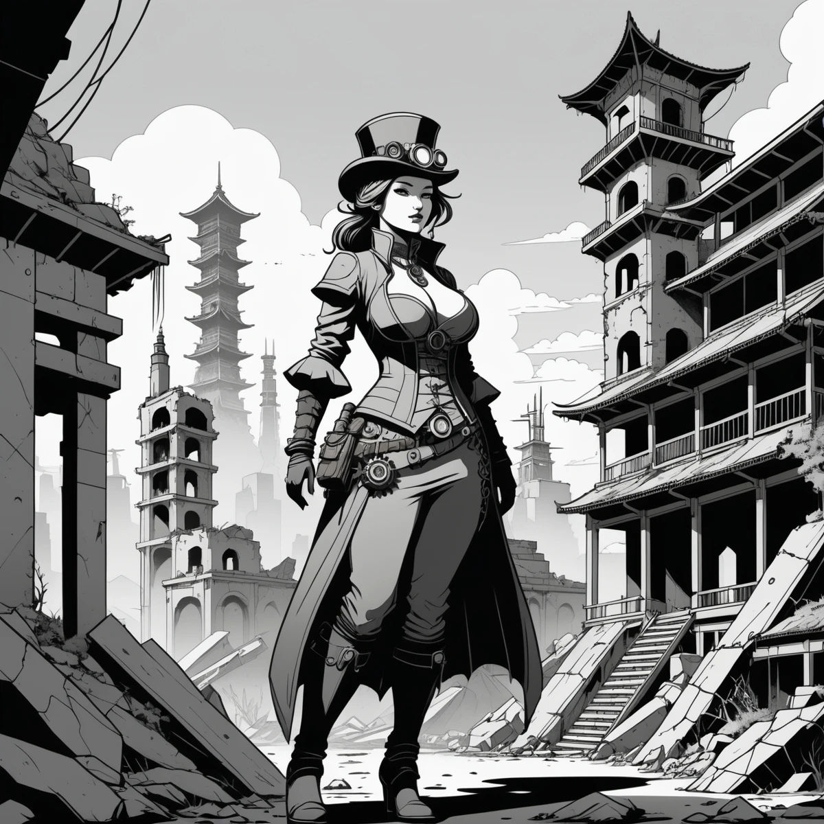 line art drawing An (steampunk woman), medium breast, (standing), (epic post apocalyptic destroyes city overgrown ruins), ((Ukiyo-e style))
. professional, sleek, modern, minimalist, graphic, line art, vector graphics
