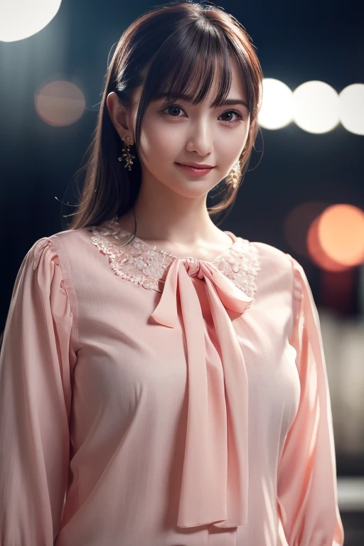 1girl,(wearing a light red blouse:1.4),(RAW photo, best quality), (realistic, photo-realistic:1.4), masterpiece, an extremely delicate and beautiful, extremely detailed, 2k wallpaper, Amazing, finely detail, extremely detailed CG unity 8k wallpaper, ultra-detailed, highres, soft light, beautiful detailed girl, extremely detailed eyes and face, beautiful detailed nose, beautiful detailed eyes,cinematic lighting,city lights at night,perfect anatomy,slender body,smiling, <lora:tanakaminami_lora:0.7>