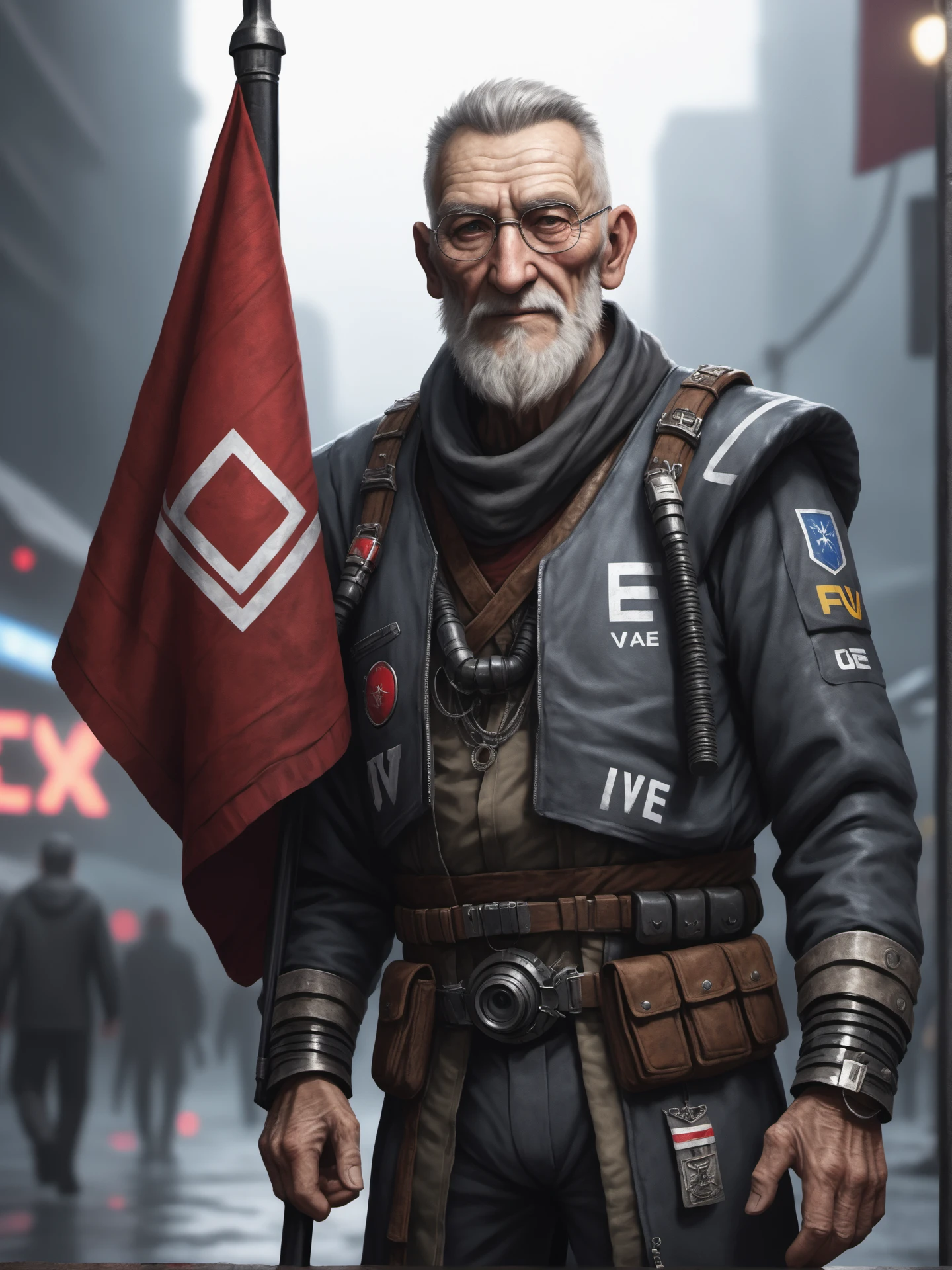a cyberpunk old man holding a "VAE" Flagg, detailed photo, detailed, realistic, 8k uhd, high quality