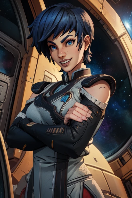 Ava, short blue hair, blue eyes,teeth,
fingerless gloves ,pants ,shoes, crossed arms,
standing, upper body, relaxing, smile, close up,
outer space, monk temple,
(insanely detailed, beautiful detailed face, masterpiece, best quality)
<lora:Ava-10v4:0.7>