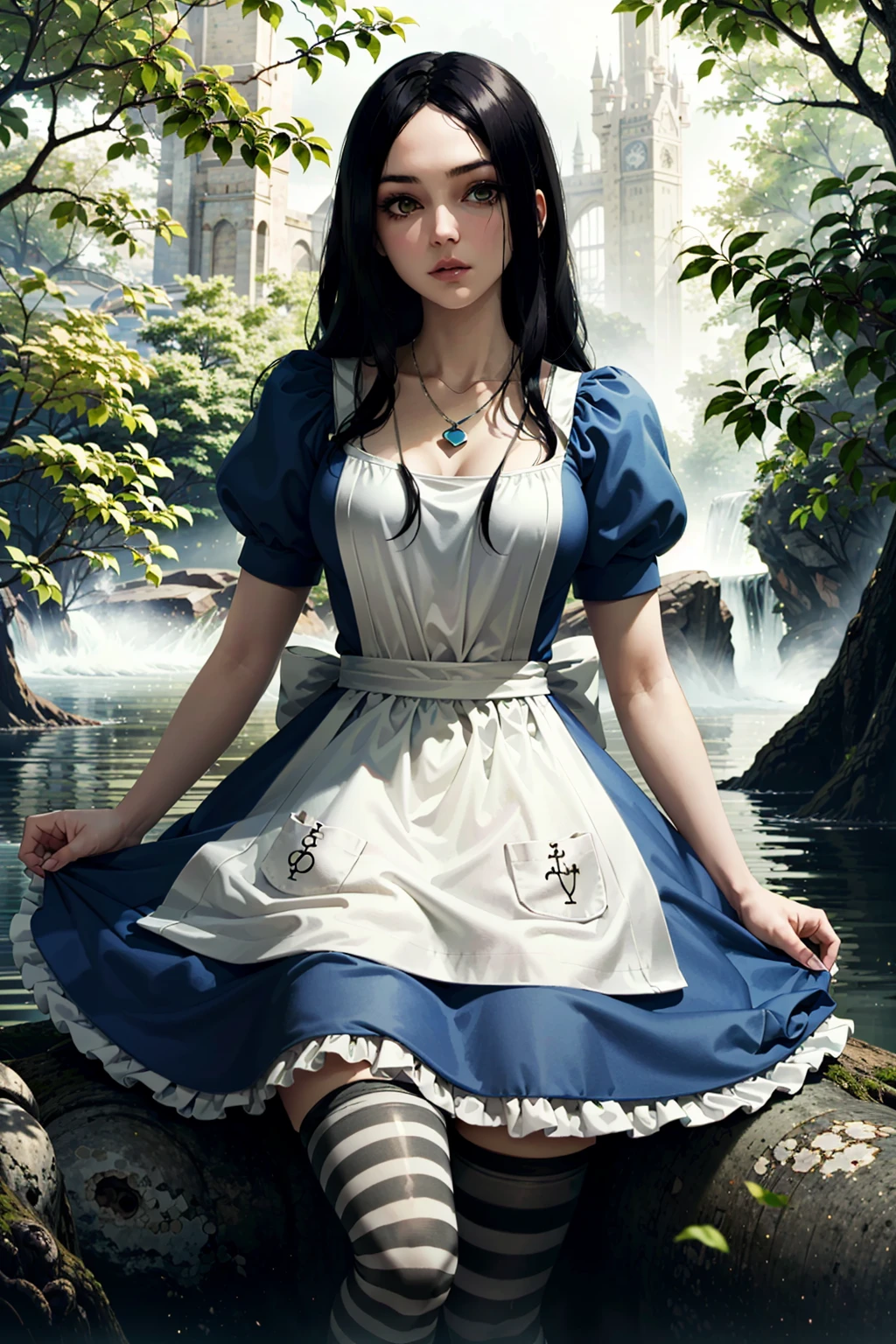 AliceHorror, 1girl, solo, striped, thighhighs, cosplay, striped thighhighs, black hair, alice (alice in wonderland), dress, tree, long hair, apron, alice (alice in wonderland) (cosplay), jewelry, necklace
,masterpiece, best quality, cinematic lighting,
<lora:epi_noiseoffset2:1>, <lora:AliceHorror:0.7>