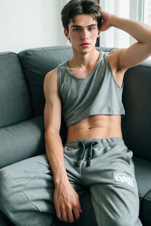 RAW photo of a 20 y.o man, average looking person, dark hair, alternative style, grunge, ((wearing baggy sweatpants and a tanktop)), sleepy eyes, (pale skin), (detailed face), thin body, buldge, ((full body)), ((lying on the couch)), resting, (high detailed skin:1.2), 8k uhd, dslr, soft lighting, high quality, film grain, Fujifilm XT3