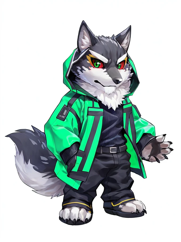 monomasa, furry, smaller male, chibi, cute, solo focus, wolf, tail, by kiyosan, by yupa, by Pino Daeni, white hooded coat, pants, detailed eyes, black pupils, green eyes, red sclera, (yellow eyeshadow:0.8), simple background <lora:monomasa-000008:1>