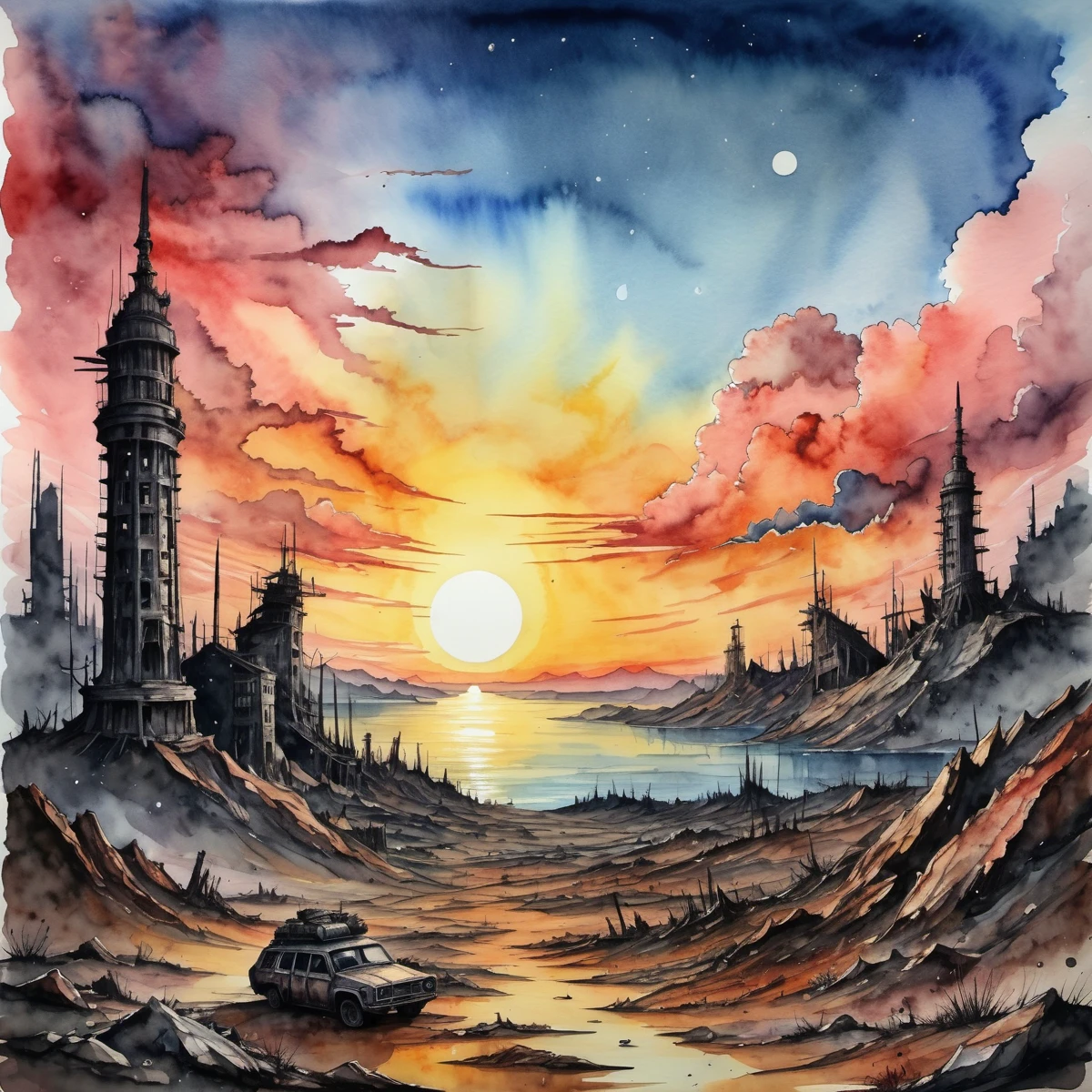 post-apocalyptic sunset at the end of the world of the new dawn aquarelle drawing