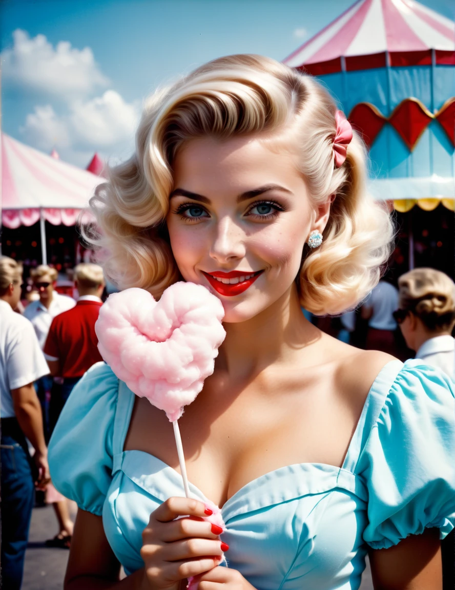 a beautiful woman holding cotton candy at a carnival in the shape of a heart, polaroid, high quality, 1950s vacation, 1950s hairstyle and clothes, blonde hair