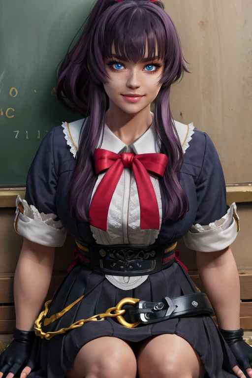 Saaya,purple hair , blue eyes, ponytail, bangs,
black school uniform, red ribbon, fingerless gloves, belt and chain, skirt,
solo, upper body, smile, sitting,
schoolyard, morning,
(insanely detailed, beautiful detailed face, masterpiece, best quality), <lora:Saaya:0.7>