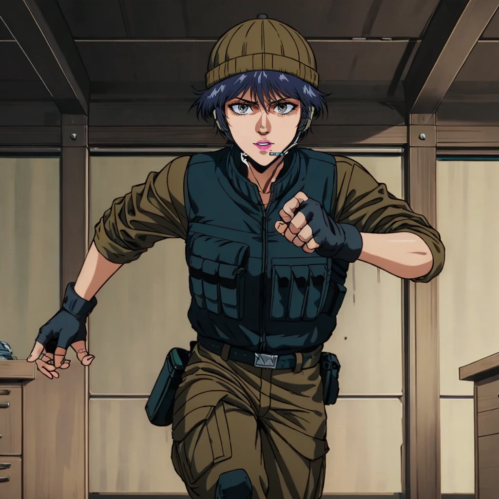 masterpiece,high quality,solo,indoors,
<lora:mikawayou010:0.7>,looking at viewer,
mikawayou,1woman,
black hair,eyelashes,black eyes,lipstick,
short hair,hat,headset,
military uniform,bulletproof vest,jacket,
fingerless gloves,
belt,pants,
running,