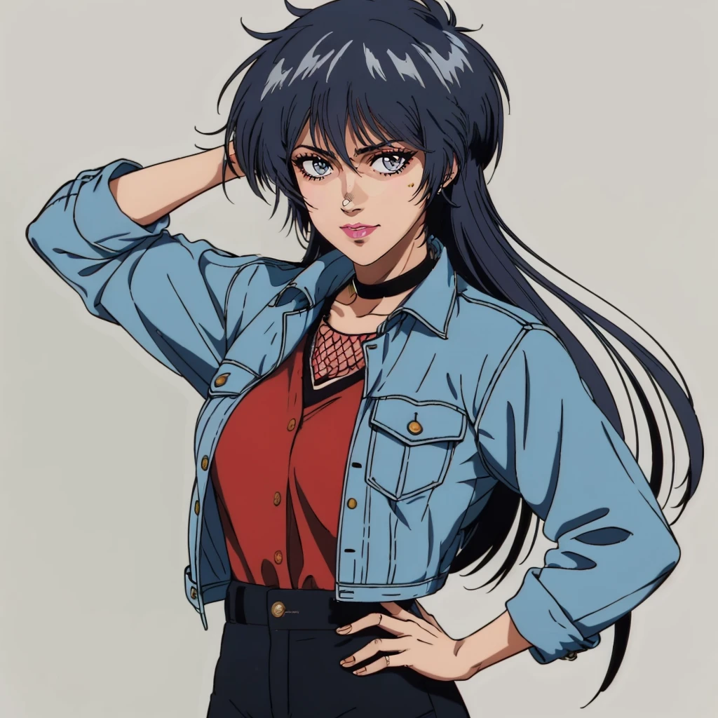 masterpiece,high quality,solo,
<lora:mikawayou010:0.7>,looking at viewer,
mikawayou,1woman,
long hair,black hair,eyelashes,black eyes,lipstick,
denim jacket,red shirt,fishnets top,
black pants,