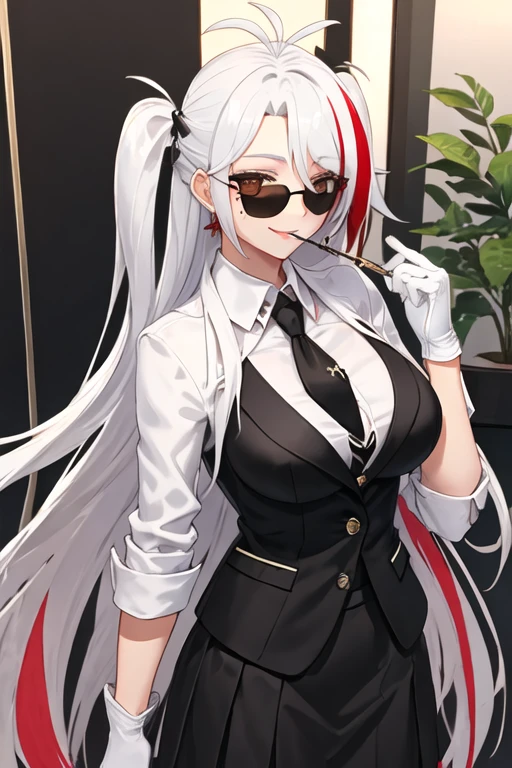 best quality, masterpiece, highres, solo, {black business suit:1.40}, {tie:1.20}, {sunglasses:1.25}, {white gloves:1.15}, {white shirt:1.10}, {black skirt:1.15}, {smoking:1.20}, handsome, {prinz_eugen_azurlane:1.15}, long_hair, multicolored_hair, streaked_hair, red_hair, breasts, bangs, two_side_up, large_breasts, white_hair, blush, antenna_hair, hair_between_eyes, very_long_hair, mole, mole_on_breast, smile, brown_eyes
