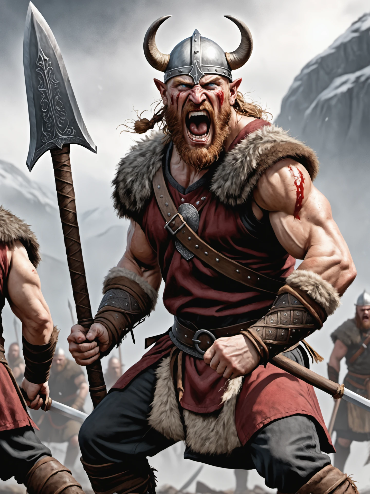 an viking beserker is storming the battlefield he holds his bloody sword ready to kill, anger in his face , open mouth , detailed, realistic, 8k uhd, high quality