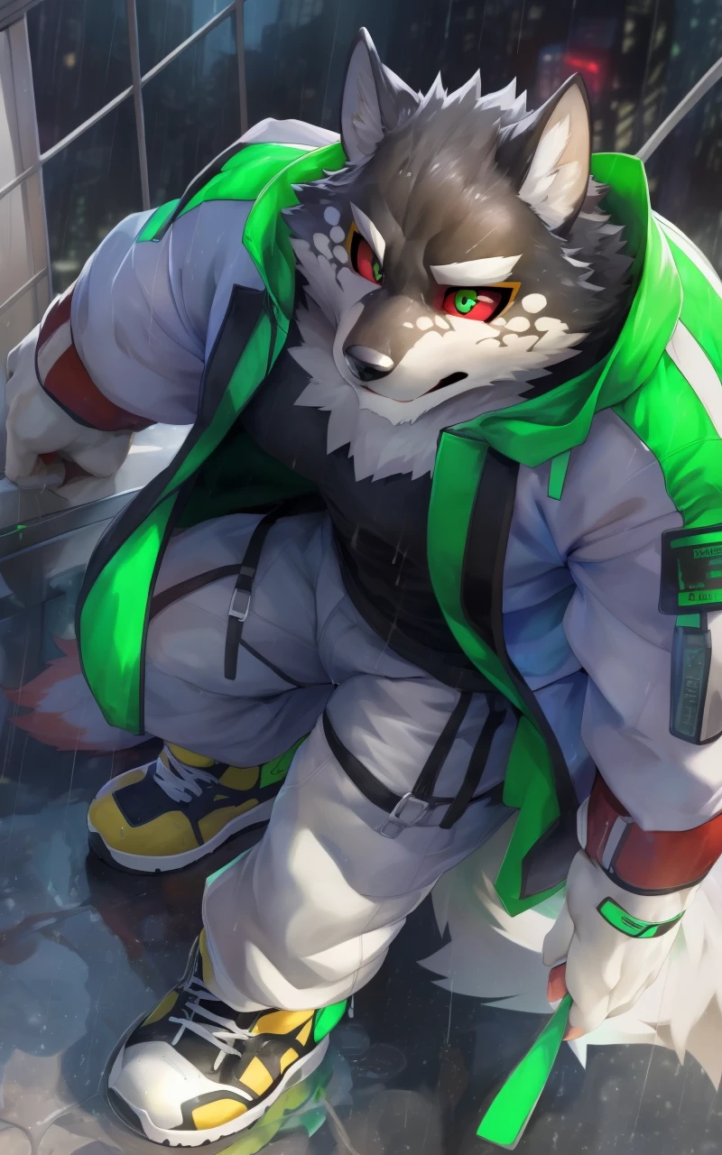 masterpiece, best quality, absurd res, ultra detailed, perfect anatomy,
monomasa,
by null-ghost, by t.y.stars, (by takemoto arashi:0.28), (by Pino Daeni:0.8),
furry, muscular male, wolf, solo, detailed eye, green eye, black pupil, red sclera, yellow eye shadow,
sneakers,
white coat, (hood down:1.1), clothed, dynamic angle, high-angle view,
rain, cloudy, cityscape, <lora:monomasa-000008:1>