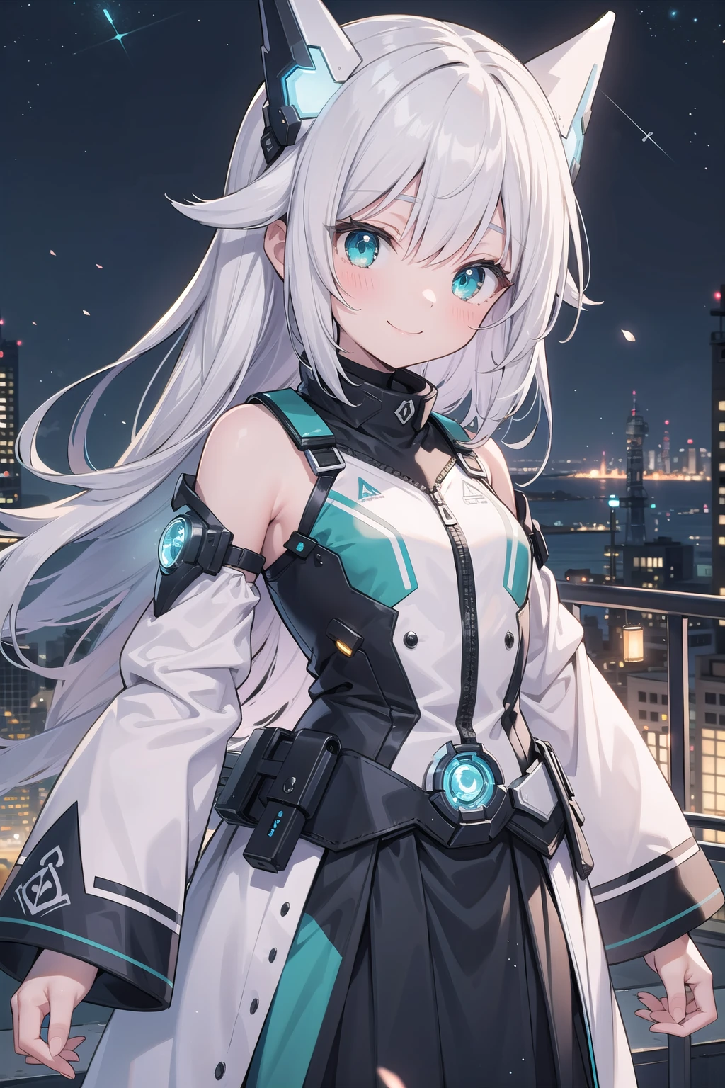 (masterpiece), intricate details, science fiction, scenery, night, light particles, atmospheric perspective, 1girl, smile, silver hair, aqua eyes, headgear, long sleeves, detached sleeves