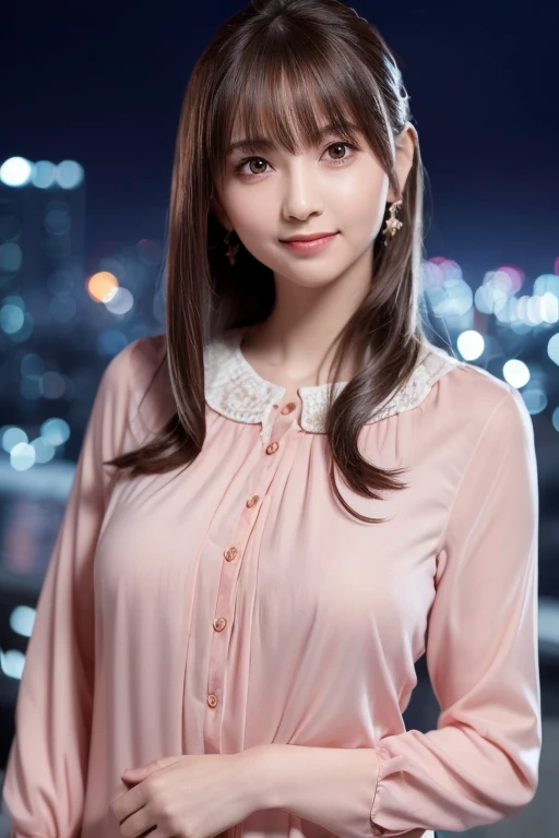 1girl,(wearing a light red blouse:1.4),(RAW photo, best quality), (realistic, photo-realistic:1.4), masterpiece, an extremely delicate and beautiful, extremely detailed, 2k wallpaper, Amazing, finely detail, extremely detailed CG unity 8k wallpaper, ultra-detailed, highres, soft light, beautiful detailed girl, extremely detailed eyes and face, beautiful detailed nose, beautiful detailed eyes,cinematic lighting,city lights at night,perfect anatomy,slender body,smiling, <lora:tanakaminami_lora:0.7>