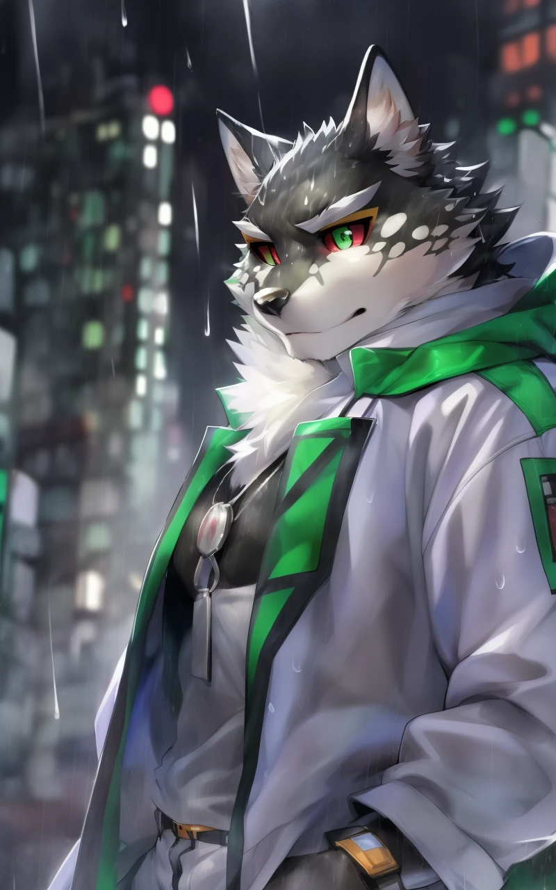 masterpiece, best quality, absurd res, ultra detailed, perfect anatomy,
monomasa,
by kiyosan, (by null-ghost:0.8), (by Pino Daeni:0.8),
furry, male, wolf, solo, detailed eye, (black pupil:1.1), green eye, red sclera, (yellow eye shadow:0.8),
white hooded coat,
clothed, upper body,
rain, cloudy, cityscape, <lora:monomasa-000008:1>