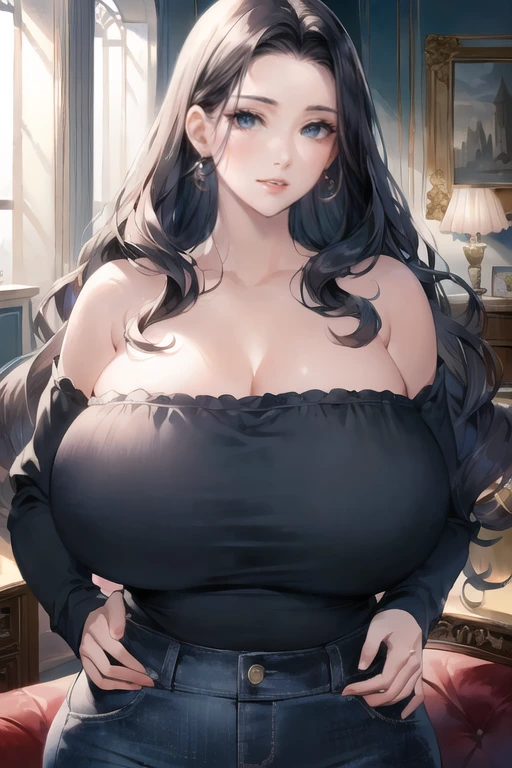 ((masterpiece)), ((best quality)), (ultra-detailed), absurdres, extremely detailed CG unity 8k wallpaper, Official Art, Accurate describe shapes, beautiful face, detailed hands, expressive eyes, upper body, looking at viewer, solo, (realistic), close-up, (standing, dynamic pose, seductive smile:1.2), (living room, dramatic light, scenery, illustration:1.1), (1girl, mature female, milf, huge breasts, red lips, wide hips, curvy, long hair, wavy hair, black hair, blue eyes, forehead:1.4), (off shoulder shirt, bare shoulders, strapless, long sleeves, pants:1.3), ((masterpiece)), absurdres, HDR <lora:epi_noiseoffset2:0.7> <lora:GoodHands-beta2:1> <lora:MatureFemaleLoCon:0.7>