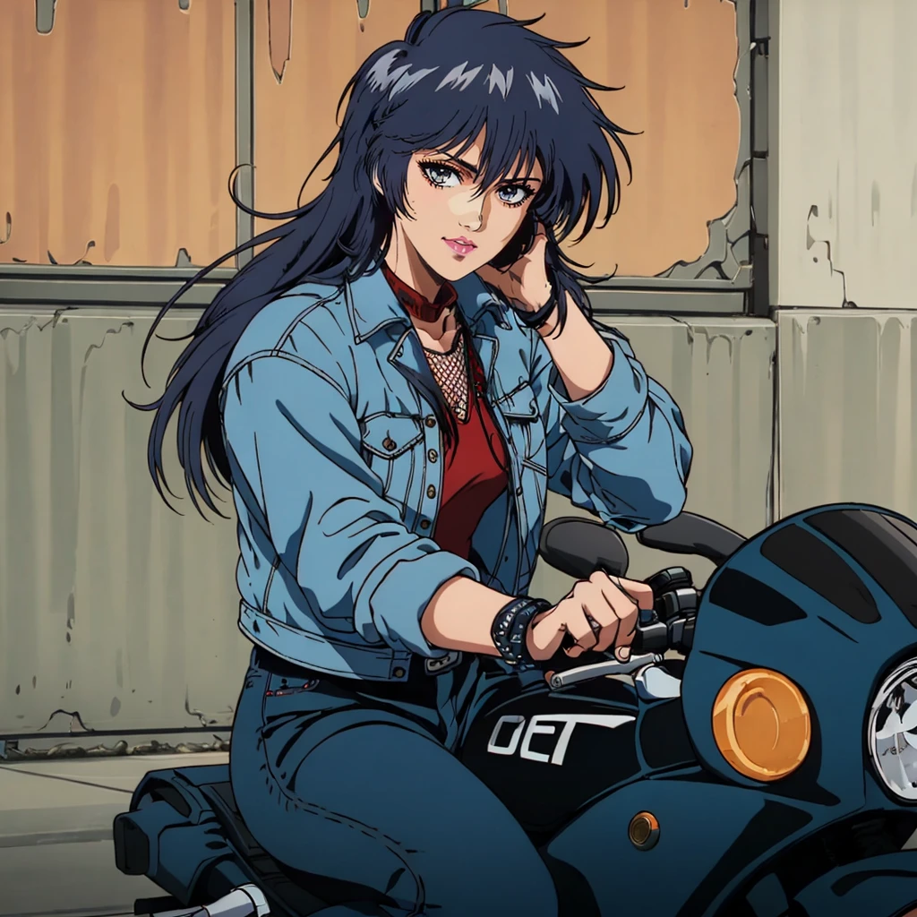 masterpiece,high quality,solo,
<lora:mikawayou010:0.7>,looking at viewer,
mikawayou,1woman,
long hair,black hair,eyelashes,black eyes,lipstick,
denim jacket,red shirt,fishnets top,
black pants,
motorcycle,
sitting,