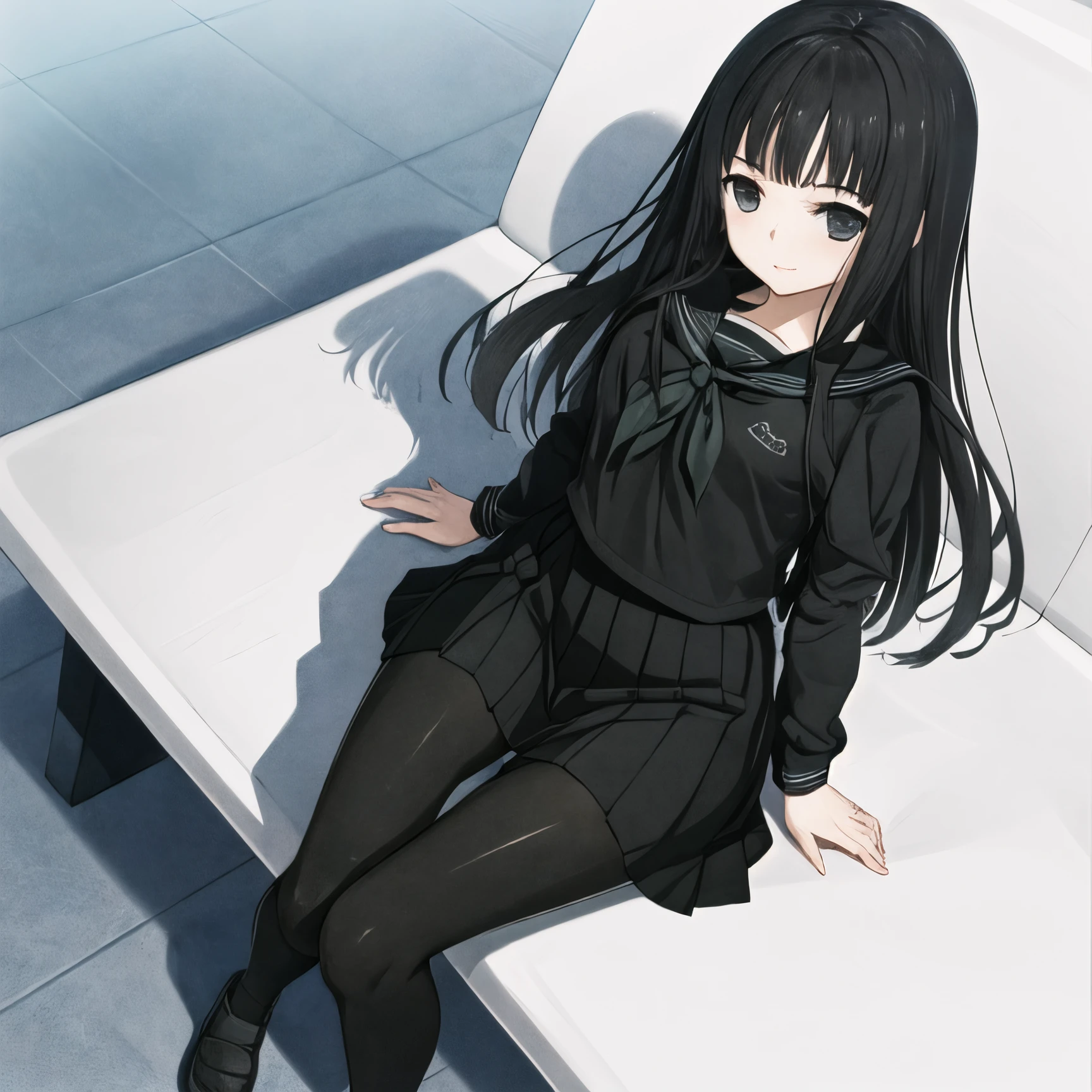 masterpiece, best quality, ultra-detailed, Rinne, black hair, long hair, black eyes,1 girl, solo, black serafuku, black skirt, sitting, black pantyhose