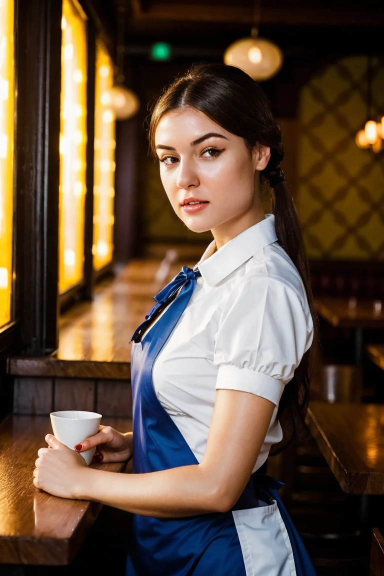 A stunning intricate full color portrait of a woman, wearing a waitress outfit, in a restaurant, happy, epic character composition,by ilya kuvshinov, alessio albi, nina masic,sharp focus, natural lighting, subsurface scattering, f2, 35mm, film grain, half body shot <lora:SashaGrey-000005:1>