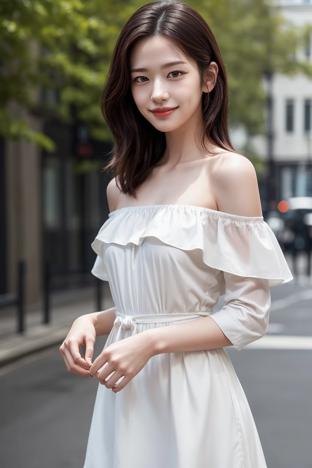 (realistic), (hyperrealism),best quality, masterpiece,ultra high res, (photorealistic:1.4),1girl,pale skin,((skinny,slender legs)),(looking at viewer:2), <lora:add_detail:0.6>,outdoors,
<lora:makina69_ahnyujin_v1.3:1:FACES> ,
off-shoulder dress, elegant dress,,smile,