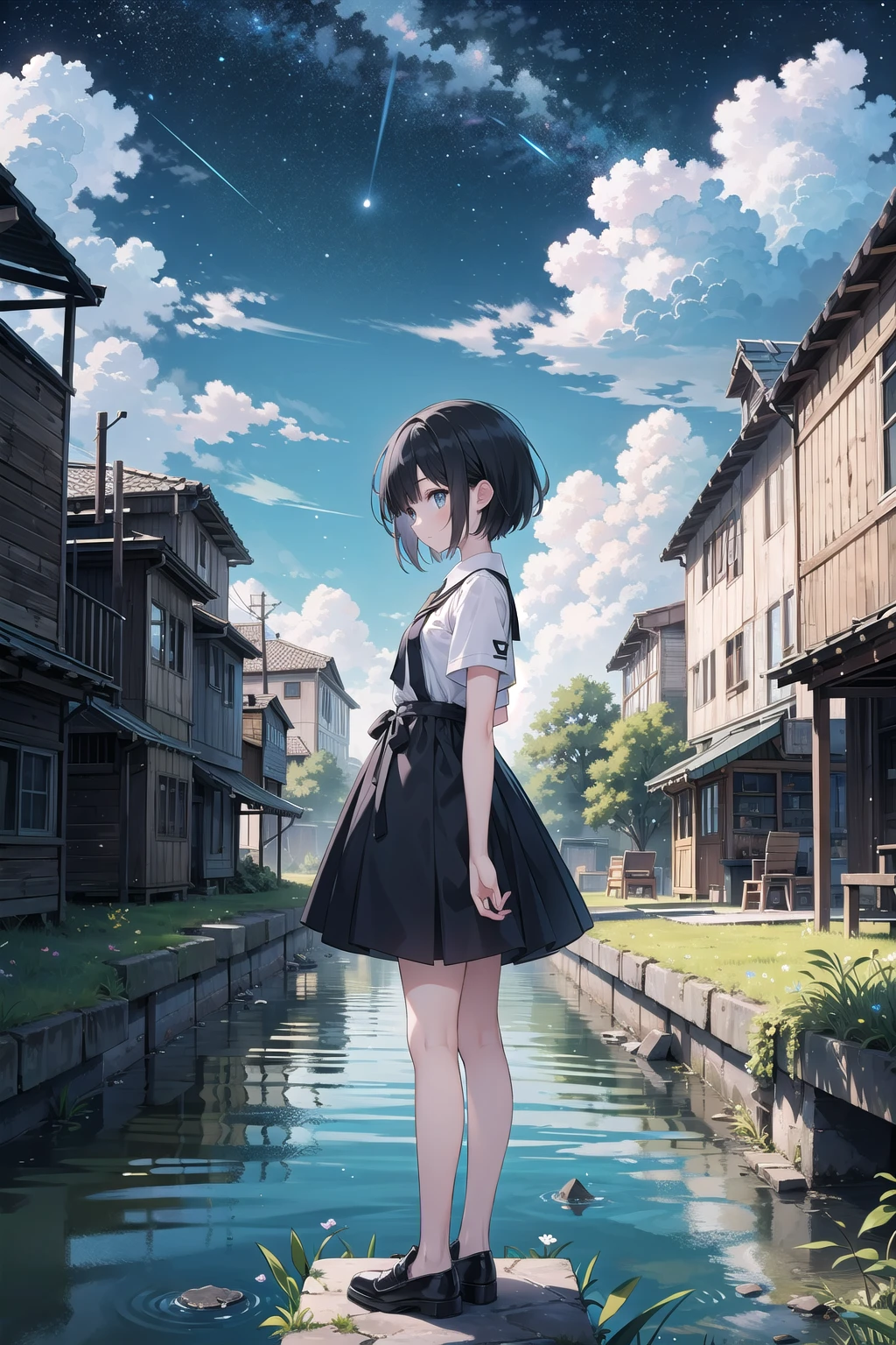 (masterpiece), 1girl, black hair, cloud, day, dress, fantasy, no humans, outdoors, post-apocalypse, ruins, scenery, shirt, short hair, short sleeves, sky, standing, starry sky, tree, water,