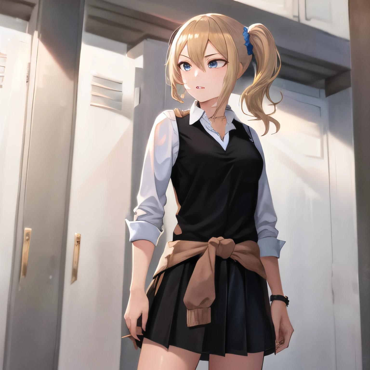 masterpiece, best quality, ultra-detailed, 1 girl, Van pose, aahayasaka, side ponytail, medium breasts, necklace, collared shirt, black vest, sleeves rolled up, clothes around waist, black skirt