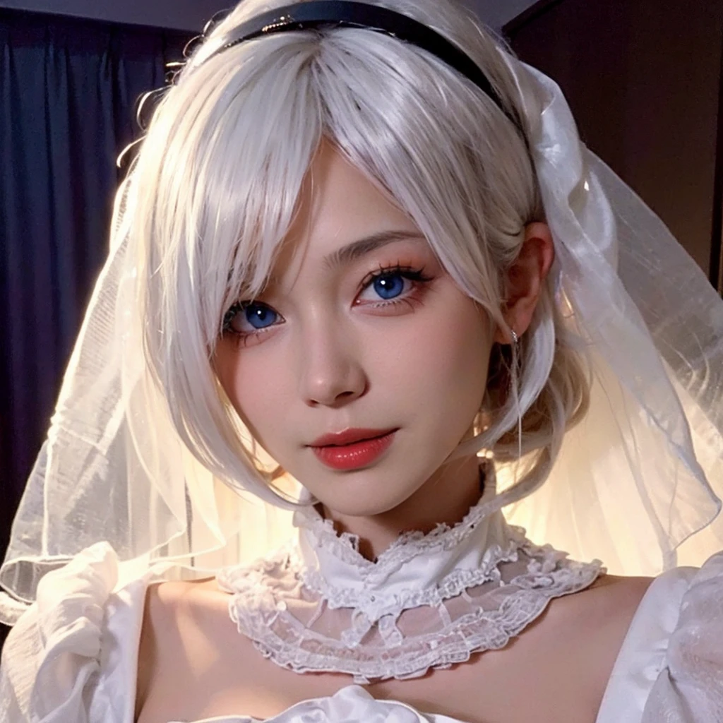 super high resolution,best quality,Photos,4k,(Realistic:1.2),2B,1girl,<lora:2B_07:0.7>,white_skin,teenager,kind_smile,dress,hair on one eye,blue eyes,