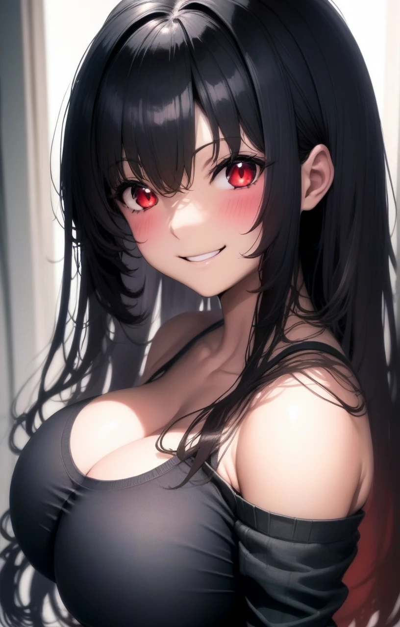 1girl, long hair, red eyes, black hair, large breasts, upper body, grin,