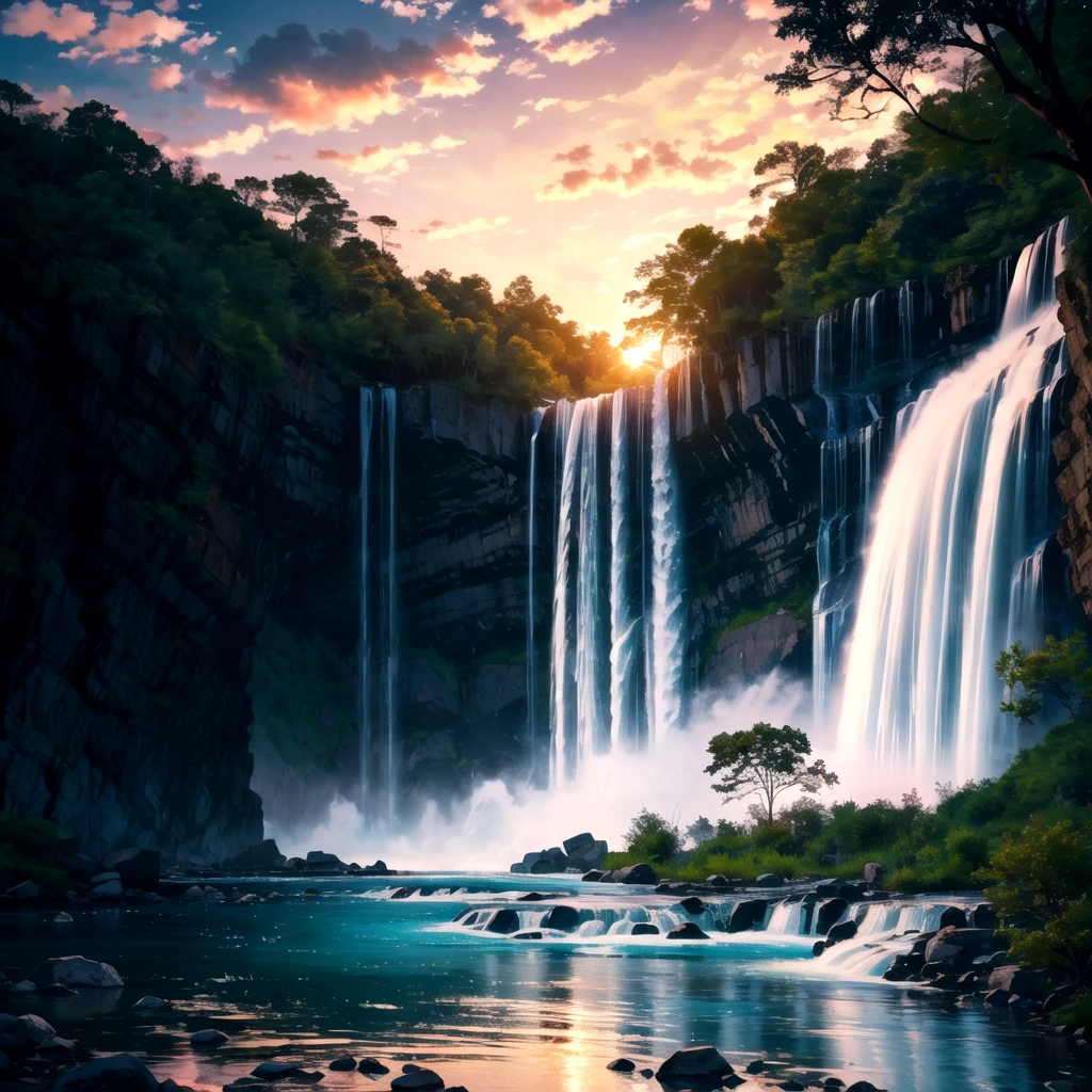 waterfall, sunset, cinematic