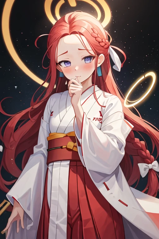 best quality, masterpiece, highres, solo, {white kimono:1.35}, {red hakama:1.35}, {wide sleeves:1.20}, {yuzu_bluearchive:1.15}, long_hair, red_hair, blush, forehead, halo, bow, blue_eyes, braid, hair_bow, very_long_hair, purple_eyes