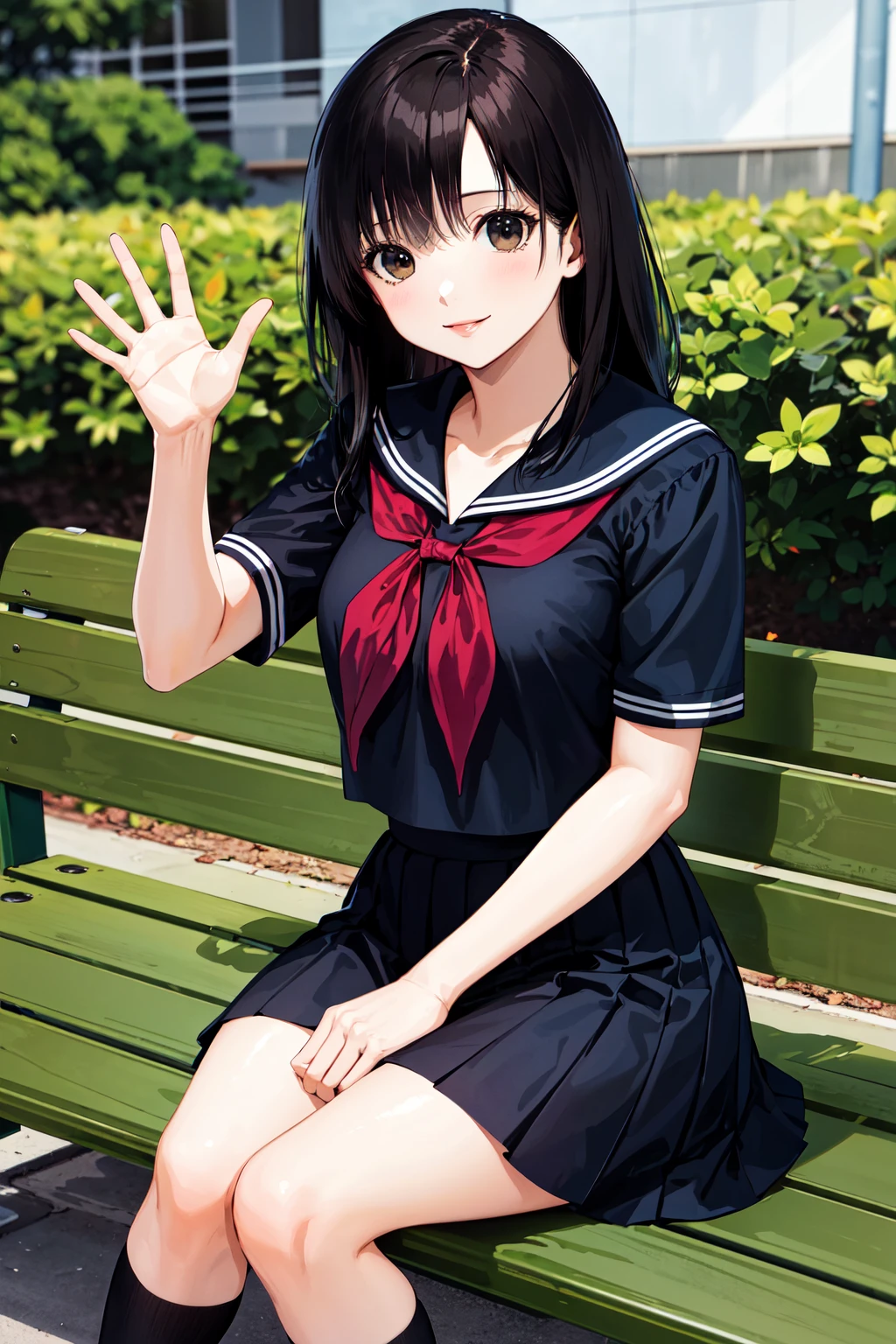 masterpiece, best quality, highres, ichigoaya, solo, school uniform, serafuku, black sailor collar, red neckerchief, black shirt, black skirt, <lora:toujou_aya_v1:0.7>, smile, sitting, waving, outdoors, bench