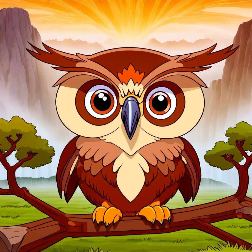 cartooneffects two, an owl sitting on a branch in a field with trees and mountains in the background and a golden sky