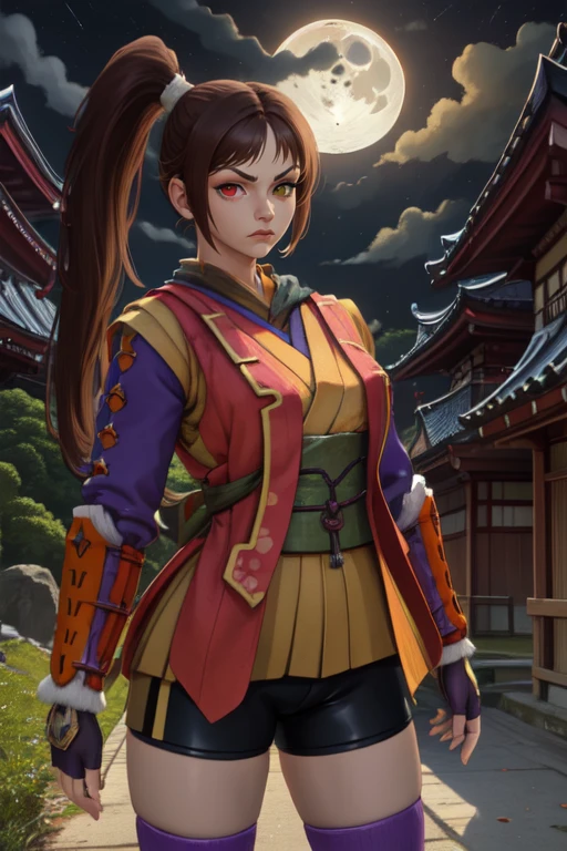 Akane,brown hair,heterochromia,ponytail,side ponytail, mean face,
looking at viewer,
toeless legwear,thighhighs,armor,fingerless gloves, bike shorts,scarf,
upper body,
from above, standing, Japanese building,nighttime,moon,Sengoku period, wall,
(insanely detailed, beautiful detailed face, masterpiece, best quality)
<lora:AkaneYagyu-10v4:0.7>