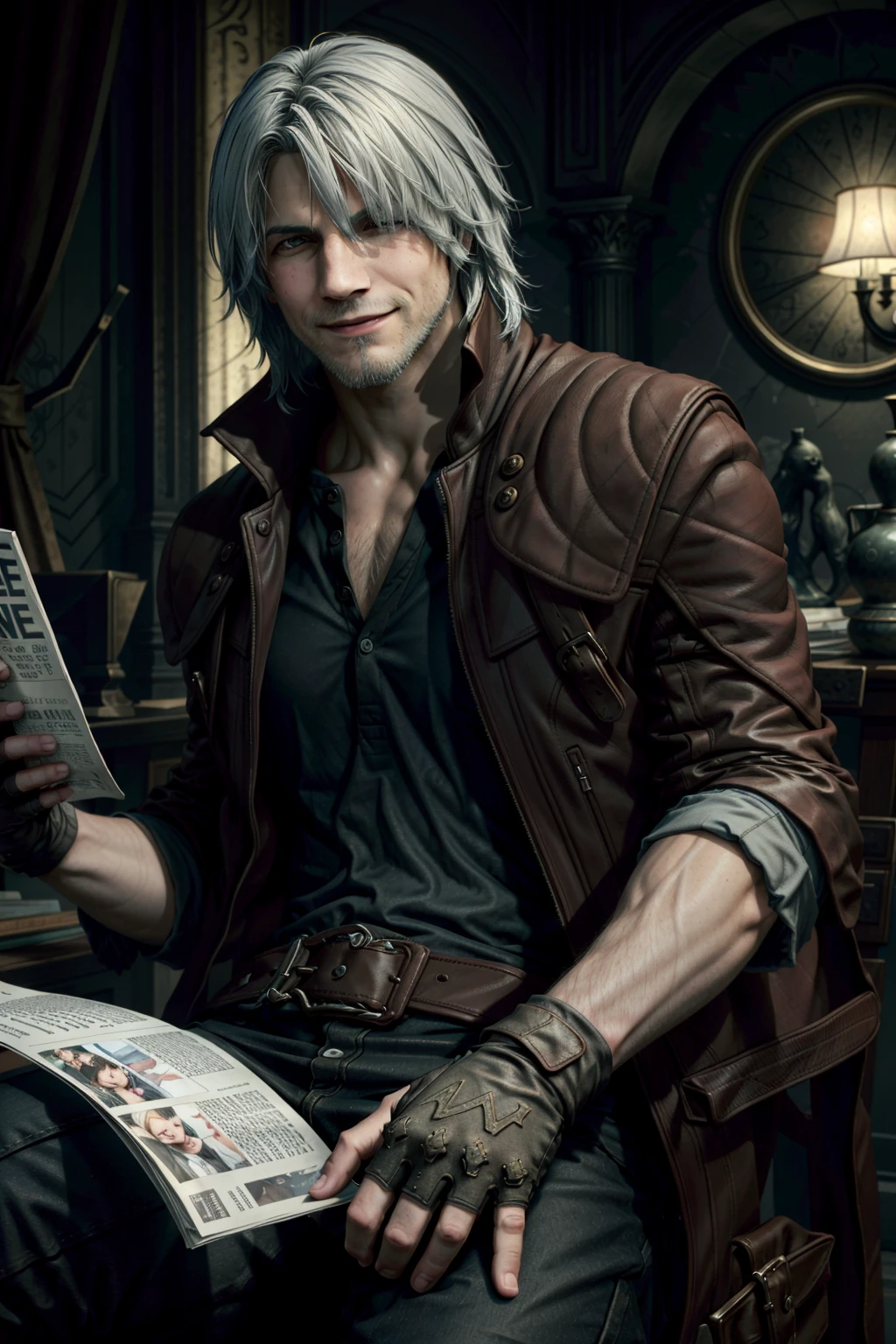 (masterpiece, best quality)
1boy, DanteDevil5, male focus, solo, dante \(devil may cry\), gloves, fingerless gloves, realistic, facial hair, hair over one eye, magazine \(object\), newspaper, smile, beard, white hair
<lora:epi_noiseoffset2:1>, <lora:add_detail:0.5>, <lora:DanteDevil5:0.7>